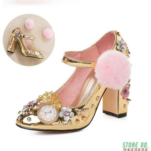 Brand mary jane crystal flower women pumps genuine leather ladies party shoes Applique clock super high heels tacones mujer 39