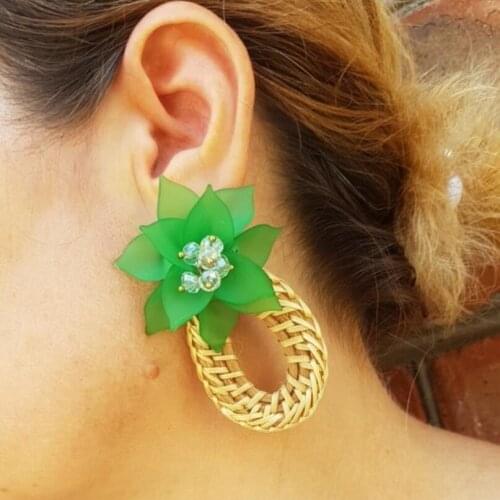 PPG&PGG Handmade Water Drop Earrings For Women Wooden Straw Weave Rattan Wedding Party Gift Resin Flower Dangle Jewelry Earrings