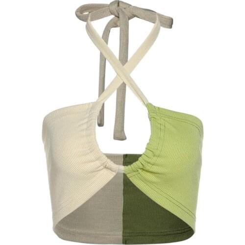 Womans Sexy Contrast Color Camisole Lace-up Halter Midriff-baring Backless Slim Elastic Boob Tube Top