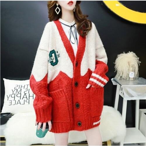 V neck Letters Embroidery Casual Patchwork Loose Jumpers Thick Warm Spring Knit Jacket Coat 2020 Women Oversized Cardigans