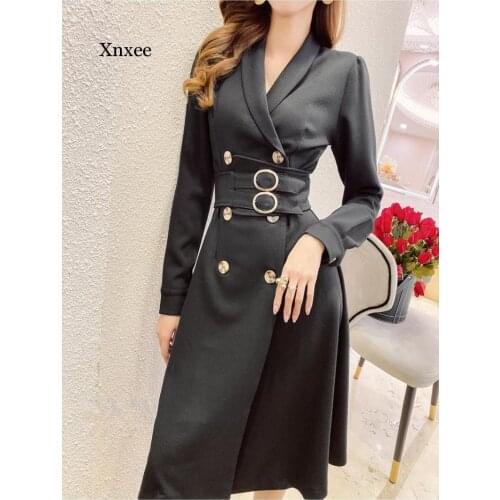 Women 2021 Autumn New Fashion Solid Color Belted Dress Female V-Neck Double-Breasted Dresses Ladies Slim Mid-Long Vestidos