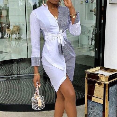 Fashion Shirt Dress Women Stripe Patchwork Short Party Dress Summer Autumn Holiday Sundress Office Lady Casual Dresses
