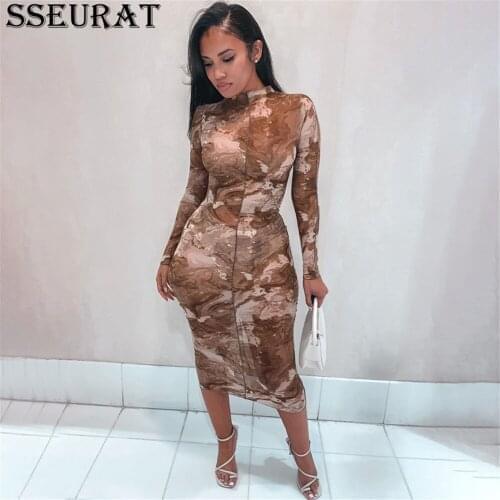 SSEURAT New Long Sleeve Print See-Through Ruched Dress Sexy Summer Women Streetwear Party Club Dress
