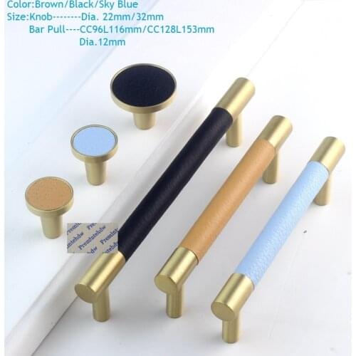 2Pcs/Lot Solid Brass Furniture Cabinet Cupboard Closet Door Drawer Pull Knob Stitiched Real Leather Cover Brown Sky Blue Black
