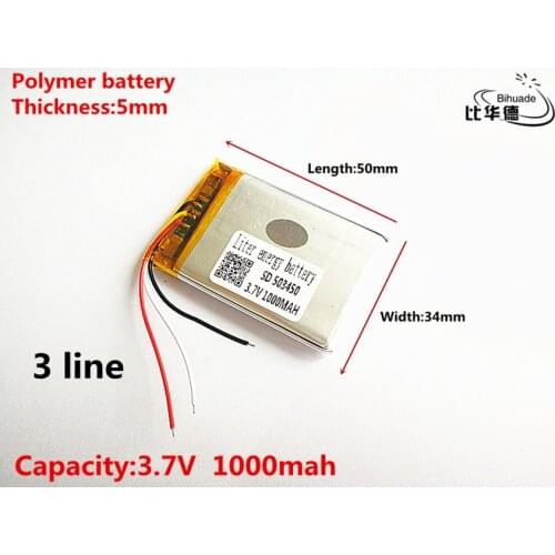 3 line Good Qulity 3.7V,1000mAH,503450 Polymer lithium ion / Li-ion battery for TOY,POWER BANK,GPS,mp3,mp4