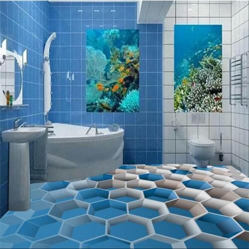 3D floor tiles for bathrooms custom 3d floor painting blue box self-adhesive 3d pvc flooring waterproof