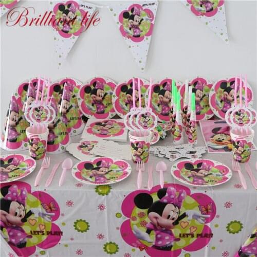73pcs Disney Theme Disposable Tableware Minnie Mouse Set Childrens Birthday Party Cup Plate Napkin Blowout Cap Banner Supply