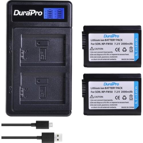 2pc 7.2V 2000mAH NP-FW50 NP FW50 Camera Battery + LCD USB Charger Set For Sony A6000 NEX-7 NEX 5N F3 3D 3DW 3K 5C Alpha 7R II