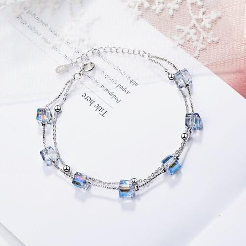 Trendy Square Blue Crystal Silver Plated Womens Bracelet Trendy Korean Elegant Womens Beauty Valentines Gift Boutique Jewelry