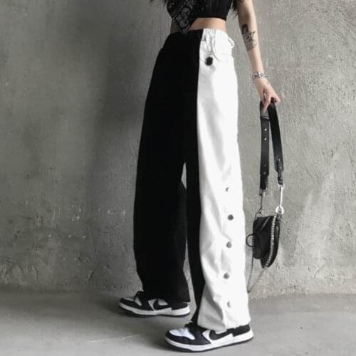 JMPRS Fashion Patchwork Women Cotton Pants Black White Streetwear Single Breasted Loose Wide Leg Pants Summer Elastic Waist Pant