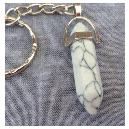 Natural Stone Hexagonal Column Keychain Women Pink Quartz Crystal Key Chains For Keys Car DIY Bag Trinket Couple Gift