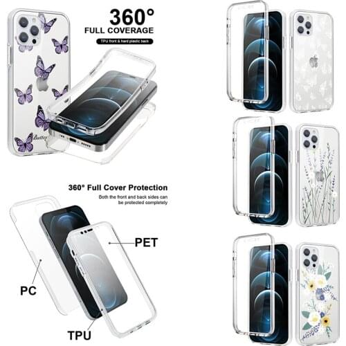 360 Full Cover TPU+PC Cases For iPhone 5 6 6S 7 8 Plus SE 2020 11 12 Pro Max Mini X XS XR Max Flower Butterfly Protective Bumper