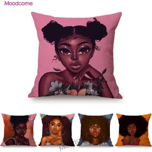 Black African Girl With Afro Cartoon Fashion Sofa Throw Pillow Case Fashion Home Decoration Cotton Linen Cushion Cover Case