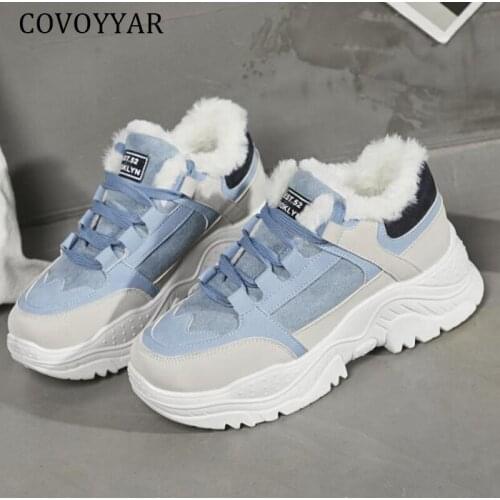 COVOYYAR 2019 Winter Women Shoes Warm Fur Plush Fashion Sneakers Women Platform Lace Up Lady Casual Chunky Shoes Woman WSN2018