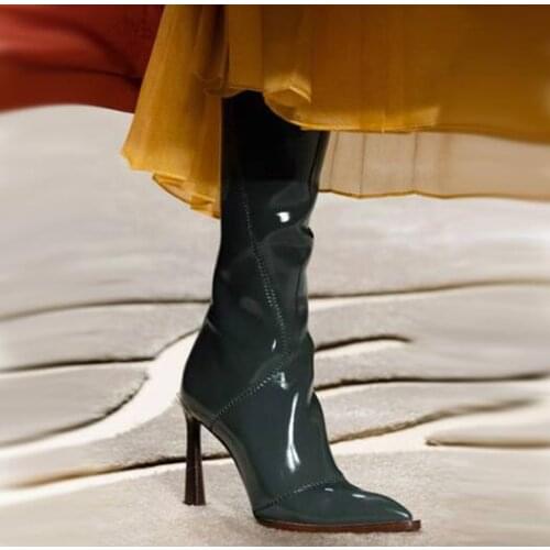Dipsloot Woman White Red Black Patent Leather Knee High Boots ins Pointed Toe 9 cm Heels Zipper Back Patchwork Slim Long Boots