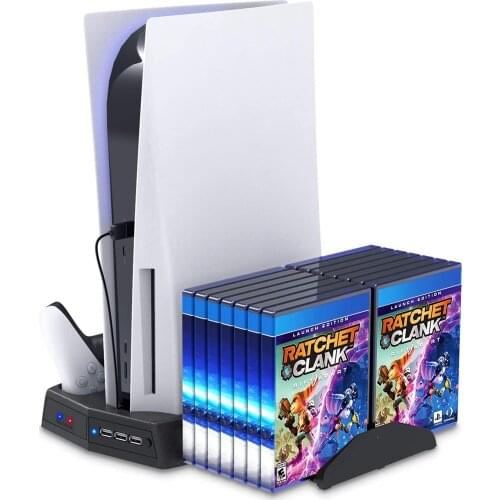 For PS5 Stand with Cooling Fan Dual Controllers Charger with LED Indicator 14 Game Disc Slots 3 Extra USB Hub Ports Station