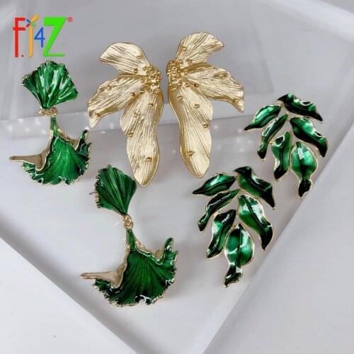 F.J4Z 2020 Trend Earring for Women Alloy Green Enamel Leaf Unusual Earrings Big Stud Earrings Jewelry Christmas Gifts Dropship