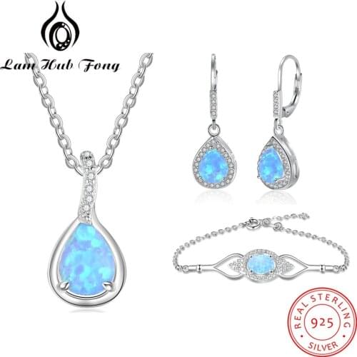925 Sterling Silver Jewelry Sets for Women Cubic Zirconia Blue Opal Bracelet Earrings Chain Necklace Jewelry Sets (Lam Hub Fong)