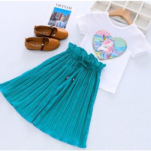 Sequins Unicorn Girls Clothing Sets Summer Cotton Top And Chiffon Pants 2Pcs Christmas Birthday Party Princess Suit Kids Clothes