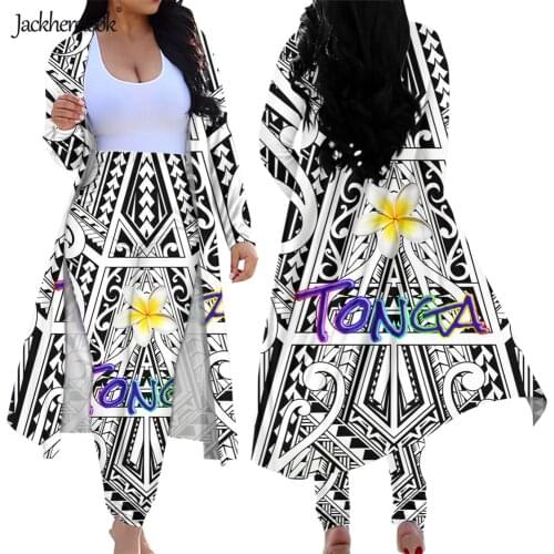 Jackherelook Black Maori Polynesian Tattoo Print 2 Piece Outfits for Womens Open Front Cardigan Skinny Bodycon Long Leggings