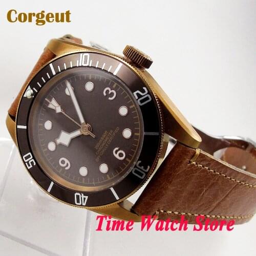 41mm Corgeut 20ATM coffee sterile dial gold marks PVD caoted case sapphire glass Automatic Mens watch leather strap alloy bezel