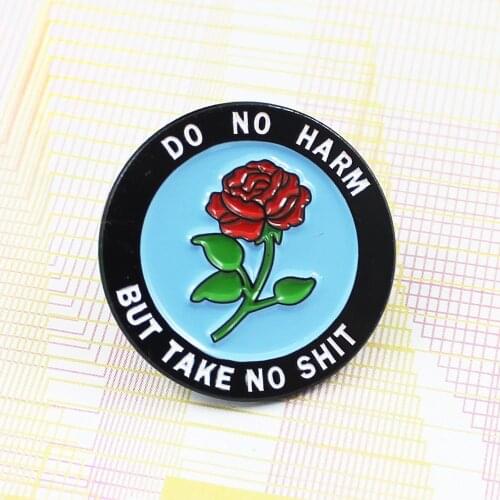 Do No Harm But Take No Shit Red Rose Brooch Black Round Border Blue Background Badge Pins Plant Brooches Ladies Jewelry