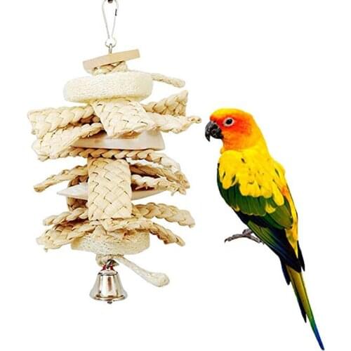 Bird Parrot Toy With Natural Wooden Grass Chewing Bite Hanging Cage Swing Climb Chew Toy Pet Stand Training Accessories
