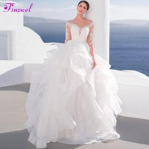 Fsuzwel Romantic Scoop Neck Long Sleeve A-Line Wedding Dresses 2020 Luxury Beading Appliques Illusion Back Princess Bridal Gown