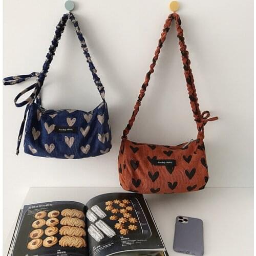 Hylhexyr Love Pattern Corduroy Purses and Handbags Cylinder Shaped Shoulder Bag Crossbody Bags For Men And Women Shopping Totes