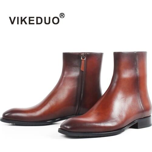 VIKEDUO Square Toe Genuine Cow Leather Mens Ankle Boots Brown Patina Handmade Bespoke Shoes Autumn Military Male Botas Hombre
