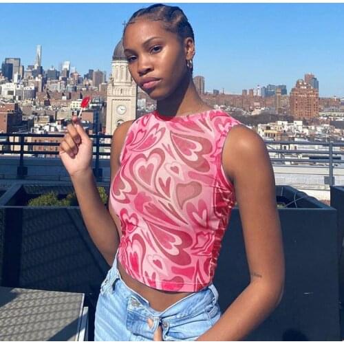 Y2K Womens Sexy Print Mesh Tank Tops Off Shoulder Tee Blue See Through Orange Sleeveless Fashion Crop Top For Summer