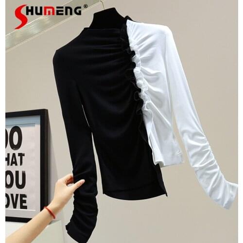 2021 Autumn New Long Sleeve Color Matching Irregular T-shirt Womens Stitching Wooden Ear Pleating Pullover Top for Ladies