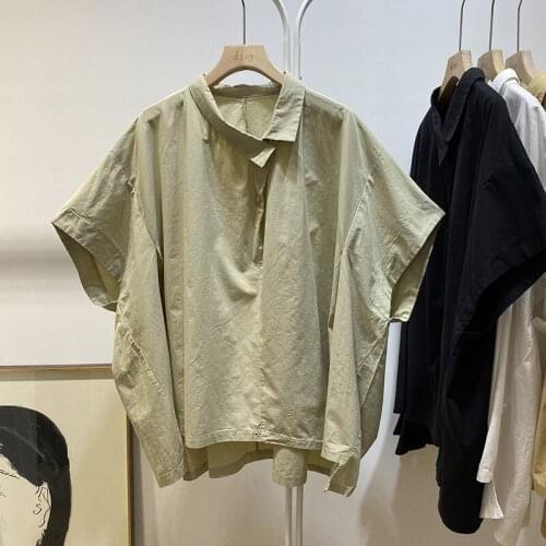 Summer personality irregular hem Lapel front short back long shirt women loose lazy short sleeve top al88311