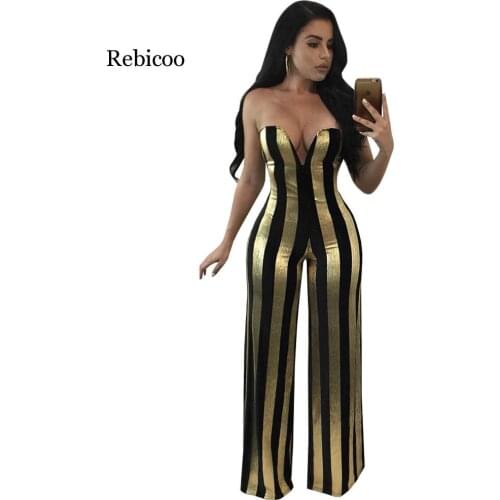 Women Party Elegant Jumpsuit Strapless V Neck Backless Black Gold Striped Jumpsuit Wide Leg Pant Rompers Sexy Overalls