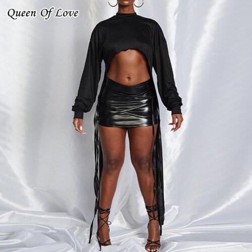 2 Piece Women Loose Crop Top And Bandage Skirt Matching Set 2021 New Streetwear Irregular Shirt Mini PU Leather Skirts Outfits