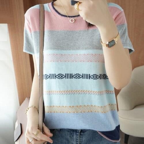 Short Sleeve Women Pullover Ladies Summer 2021 The New Ice Silk O-Neck Striped Knitted Tshirts Feminine Sexy Fashion Sweaters