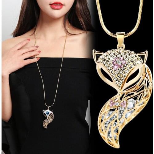 New Fox Pendant Necklace Trendy Animal Long Snake Chain Rhinestone Necklaces For Women Jewelry Christmas Gift