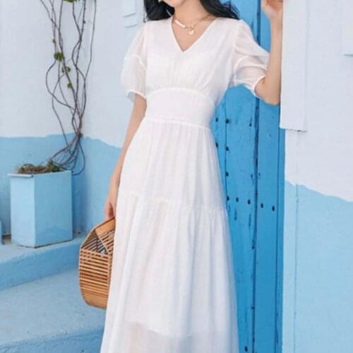 Summer of 2021, the new dress long French bubble sleeves V-neck Tencel dress female summer Ruffles Casual