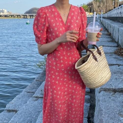 Women Summer Elegant V Neck Floral Long Chiffon Wrap Dress 2021 New Lacing Up Slim Waist A-line Maxi Sundress