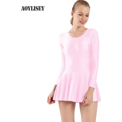 Aoylisey Women Pink Ballet Dance Leotard With Skirt One Piece Long Sleeve Skirted Bodysuit Latin Scoop Neck Gymnastics Dresses