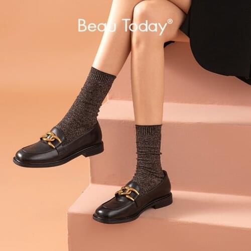BeauToday Loafers Women Genuine Cow Leather Square Toe Metal Ring Buckles Slip On Low Heel Summer Ladies Shoes Handmade 27253