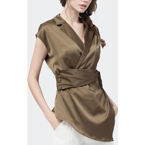 Fashion Ladies Satin Tops 2021 Summer New Short Sleeve V-Neck Blouses Crossed Temperament All-Match Female Casual Office Blouse