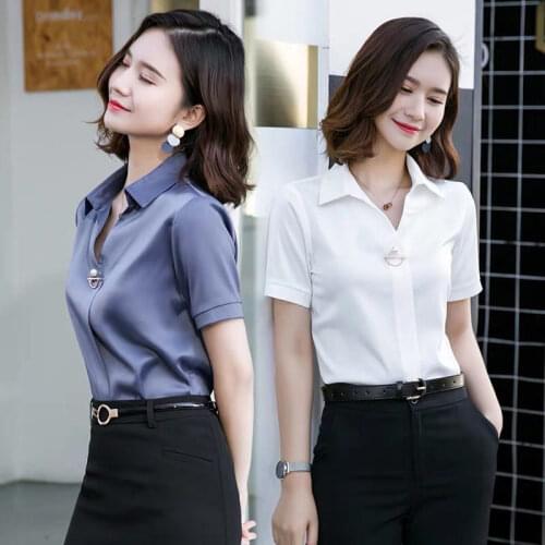 Office Lady Spring Summer Chiffon Blouses Turn-Down Collar Women Short Sleeve Shirt Temperament Formal Tops