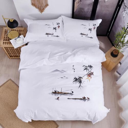 Pure White Chinese Pastoral Ink Painting 100% Cotton Hotel Bedding Set Duvet Cover Bed Sheet Linen Pillowcases Queen King Size