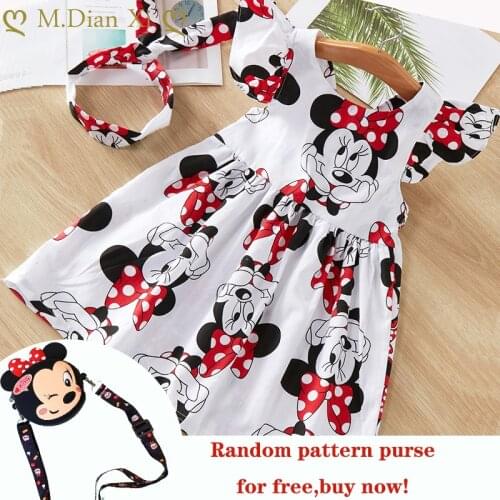 Kids Dresses Girls 2021 New Fashion Cartoon Minnie Dress Princess Beach Birthday Party Dress+random Cartoon Pattern Purse 1-7Y