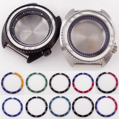 For NH35/NH36 45mm Mineral Watch Case Black Chapter Ring Silver/Black PVD Rotating Bezel Brushed Case Screw In Crown