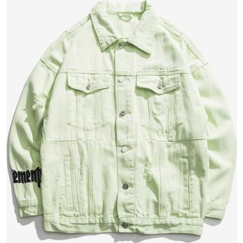 Fall Men Loose Hip-hop Denim Jacket Fashion Letter Printing Ripped Hole Decoration Lapel Solid Color Denim Top Long Sleeve Trend