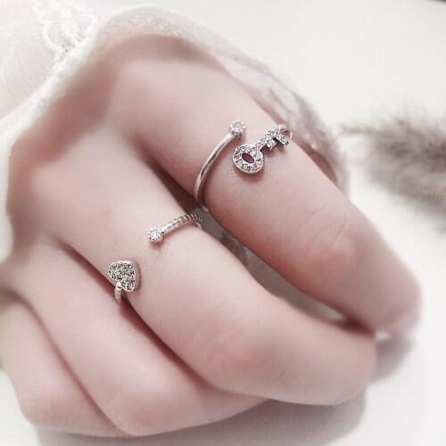 Lovely 925 sterling silver Cubic Zircon Stone Heart Key Adjustable Rings for Girl Party Women Open Finger Ring Jewelry