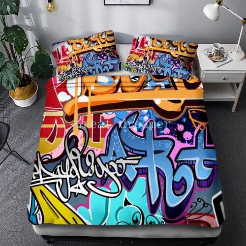 3D Bedding Set Graffiti Graphic Duvet Cover Colorful Bed Quilts Street Wall Art Design Bedroom King Size For Kids And Adults
