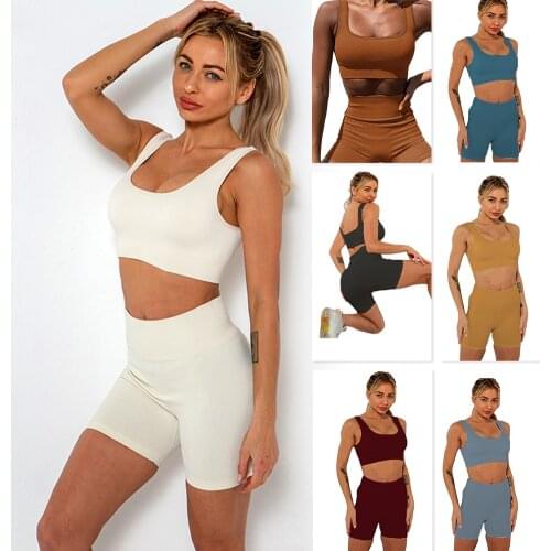 2PCS Seamless Women Yoga Set Workout Sportswear Bra Gym Clothing Fitness Short Crop Top High Waist Leggings Sports Suit